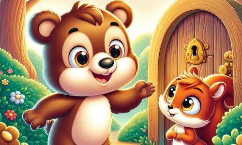 Un pequeño oso marrón llamado Bruno, con grandes ojos redondos y una sonrisa brillante, se encuentra frente a una puerta secreta en un arbusto, luciendo curioso y emocionado. Toca delicadamente la puerta con su pata, listo para descubrir lo que hay detrás. A su lado, una pequeña ardilla llamada Ana, con pelaje rojo y una cola esponjosa, mira la puerta con ojos chispeantes de entusiasmo, saltando en su lugar con impaciencia. El lugar es un parque verde, bañado en luz dorada, con majestuosos árboles y flores coloridas que bailan al viento. Al fondo, un cielo azul claro salpicado de nubes blancas esponjosas añade un toque de magia a la escena. La situación principal muestra a Bruno y Ana, dos pequeños aventureros, listos para entrar en un túnel misterioso que se abre detrás de la puerta, rodeados de una atmósfera de emoción y descubrimiento, con estrellas centelleantes que comienzan a aparecer sobre ellos.