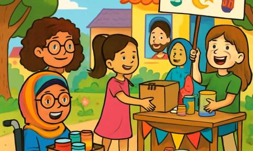 Hay 4 niños: - Sara: una niña de 11 años, con cabello rizado castaño y gafas redondas. Lleva una camiseta amarilla brillante y un short de mezclilla. Está de pie a la izquierda, sosteniendo una caja llena de alimentos. - Lucía: una niña de 10 años, con cabello largo y liso, atado en una coleta. Lleva un vestido rosa y sandalias. Está en el centro, sonriendo, extendiendo una caja a una familia. - Sofía: una niña de 11 años, con cabello castaño y pecas. Lleva una camiseta verde y pantalones beiges. Está a la derecha, riendo y sosteniendo un cartel colorido que invita a los vecinos a participar en la recolección. - Amal: una niña de 12 años, con cabello corto y gafas. Está en una silla de ruedas, vestida con una camiseta azul y una bufanda colorida. Está en primer plano, dirigiendo la organización de donaciones con una gran sonrisa. El lugar es un parque soleado, con árboles verdes y flores coloridas a lo largo del camino. Al fondo, se ven casas de fachadas alegres y vecinos curiosos que se acercan para ver qué sucede. Una gran mesa está instalada, cubierta de cajas de alimentos y decoraciones festivas. La situación principal muestra a los niños distribuyendo cajas de alimentos a familias sonrientes, creando una atmósfera de alegría y compartir. Los niños están rodeados de risas y colores, ilustrando un momento de solidaridad y felicidad durante el mes de Ramadán.