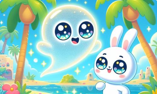 Um fantasma chamado Floco, com uma aparência translúcida e cintilante, flutua alegremente em uma oásis mágica, seus olhos brilhando de excitação e bondade. Ele tem uma forma suave e arredondada, com faíscas de luz dançando ao seu redor, enquanto dança entre as palmeiras, rindo de felicidade. Ao seu lado, um coelhinho branco chamado Pipo, com grandes olhos redondos e orelhas longas, salta com entusiasmo. Pipo tem um pelo macio e fofinho e admira Floco, pronto para acompanhá-lo em suas aventuras. O cenário é uma oásis no deserto, com palmeiras verdes, flores coloridas e água cristalina brilhando sob o sol. O céu é de um azul vibrante, salpicado de algumas nuvens brancas e fofas. A cena principal mostra Floco e Pipo descobrindo a beleza da oásis, Floco dançando alegremente e Pipo saltando ao seu redor, ambos cheios de uma alegria contagiante, prontos para viver uma nova aventura juntos.