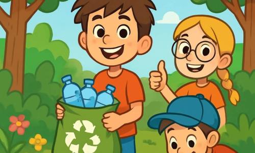 Un băiat de 12 ani, Alex, cu părul castaniu și ochii strălucind de curiozitate, se află în centrul imaginii, zâmbind larg și ținând un sac de reciclare plin cu sticle de plastic. Lângă el, Maria, o fată de 11 ani cu părul blond împletit și ochelari rotunzi, îl încurajează ridicând degetul mare, în timp ce Andrei, un băiat de 10 ani purtând o șapcă mare, adună cu entuziasm deșeuri. Decorul este o pădure verde frumoasă, cu copaci majestuoși, flori colorate pe sol și un cer albastru deschis cu nori albi pufoși. Scena arată grupul de tineri elevi acționând, curățând natura, înconjurați de deșeuri, dar și de frumusețea pădurii, ilustrând angajamentul lor de a proteja mediul.