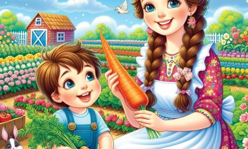 Scena o arată pe Zâna Maria, o femeie zâmbitoare de aproximativ treize ani, cu părul lung, împletit și o rochie colorată, purtând un sort cu flori. Ea culege legume din grădina ei, înconjurată de flori strălucitoare și legume proaspete, având o expresie de bucurie pe față. Lângă ea, Radu, un băiat de 8 ani cu părul castaniu și ochi strălucitori, o observă cu uimire. El poartă un tricou albastru și o pereche de pantaloni scurți, ținând în mâini un morcov mare, zâmbind mândru. Locul este o fermă înfloritoare, cu rânduri de legume bine întreținute, flori colorate dansând în vânt și un cer albastru presărat cu nori albi. În fundal, se vede o mică magazie roșie și animale fericite, precum găini și iepuri, care contribuie la atmosfera caldă. Situația principală arată cum Zâna Maria și Radu recoltează legume împreună, împărtășind un moment de complicitate și fericire, pregătiți să prepare o supă delicioasă.