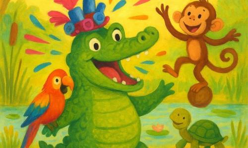A jovial, plump crocodile with textured green scales and big laughing eyes wears a silly hat of pink feathers, blue bottle caps and a spring topped with a rubber duck; he sings with colorful sound waves bursting like droplets. A multicolored parrot, Penelope, perches on his back above the tail with wings spread, mimicking and smiling. A sly brown monkey, Marvin, juggles coconuts behind the crocodile while balancing on a small turtle, laughing at the audience. A tiny snail with a rainbow shell, Sally, spirals in the foreground leaving a sparkling trail and waving its horn. The sunny marsh setting has waving reeds, lily pads, mossy logs and shimmering water reflecting bright colors, with flower garlands on the branches. The main scene is a festive parade led by the crocodile, animals laughing and dancing around him in a bright, joyful, slightly burlesque gouache-like style with broad textured strokes.