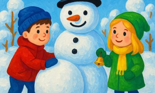 Max und Emma, beide etwa 6 Jahre alt, sind in einem verschneiten Garten. Max, mit braunen Haaren und roten Wangen, trägt eine rote Jacke und eine blaue Mütze, während er eine große Schneekugel rollt. Emma, mit blonden Haaren und funkelnden Augen, trägt einen grünen Mantel und einen gelben Schal und hält ein glänzendes Glöckchen in der Hand. Sie bauen gemeinsam einen fast fertigen Schneemann mit einem schwarzen Hut und einem Kohlenlächeln. Das Glöckchen in Emmas Hand glitzert sanft in der Sonne und verleiht der winterlichen Szene einen magischen Touch.