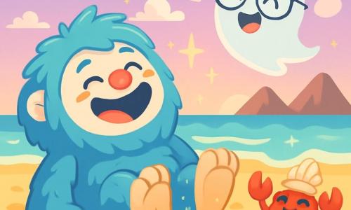 Ein großer Yeti mit blauen, flauschigen Haaren, einem runden Kopf und einer kleinen roten Nase lacht herzlich, seine Augen funkeln vor Freude. Er liegt auf dem goldenen Sand und rollt sich im kitzeligen Sand, der seine Pfoten zu kitzeln scheint. Neben ihm lächelt eine kleine Krabbe namens Kiki mit einem leuchtend roten Panzer und einem Muschel-Hut, bereit, einen Witz zu erzählen. Flatter, der freundliche Geist, schwebt über ihnen, transparent mit einer großen Brille und einem Muschel-Hut, und lacht herzhaft. Der Ort ist ein wunderschöner Strand mit lebhaften Farben, einem lilafarbenen Himmel, der mit Zuckerstangen-Wolken übersät ist, sanften türkisfarbenen Wellen, die den Strand lecken, und Schokoladenbergen am Horizont. Die Hauptsituation zeigt den Yeti, Kiki und Flatter, die fröhlich im Sand tanzen und zusammen lachen, während Lichtblitze um sie herum funkeln und eine festliche, glückliche Atmosphäre schaffen.