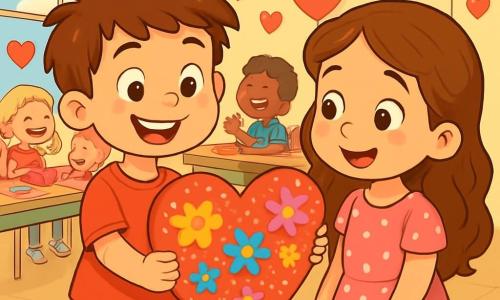 Un niño de 6 años, llamado Valentín, con cabello castaño desordenado y una gran sonrisa alegre, sostiene una enorme tarjeta en forma de corazón, decorada con flores coloridas y purpurina brillante. Lleva una camiseta roja brillante y un short azul, y sus ojos brillan de emoción. Junto a él, su mejor amiga Luna, una niña de 6 años con cabello largo y rizado de color castaño, mira la tarjeta con asombro. Ella lleva un vestido rosa con lunares blancos y sus mejillas están ligeramente sonrojadas de felicidad. La escena tiene lugar en un aula luminosa, llena de decoraciones de San Valentín: corazones de papel en las paredes, globos rojos flotantes y mesas cubiertas de tarjetas coloridas y dulces. Valentín y Luna están rodeados de otros niños que intercambian tarjetas y ríen alegremente, creando una atmósfera festiva y cálida. La situación principal muestra a Valentín ofreciendo orgullosamente su tarjeta gigante a Luna, simbolizando su hermosa amistad.