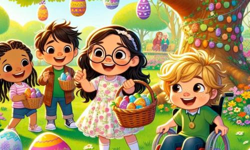 En un parque soleado de Villa Conejito, cuatro amigos están juntos, rodeados de flores coloridas y decoraciones de Pascua. Lucía, una niña de diez años con cabello largo y castaño y gafas redondas, sonríe alegremente sosteniendo una cesta llena de huevos de chocolate. Marcos, un niño de diez años con cabello rubio desordenado y una camiseta verde, señala emocionado un gran roble. Ana, una niña de nueve años con trenzas negras y un vestido rosa, mira maravillada un huevo decorado que acaba de encontrar debajo de un arbusto. Tomás, un niño de diez años en silla de ruedas, con cabello castaño y una sonrisa radiante, sostiene un pequeño amuleto en forma de huevo, mirando a sus amigos con orgullo. El parque está lleno de colores vivos: flores brillantes, huevos de Pascua escondidos en la hierba verde y guirnaldas de papel colgadas de las ramas de los árboles. En primer plano, los niños están buscando huevos, riendo y animándose, mientras un gran huevo dorado brilla misteriosamente debajo del viejo roble, llamando su atención.