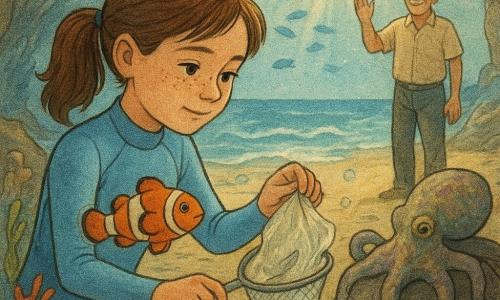 Niña de 10 años de rostro redondo y pecas, pelo castaño en coleta, expresión tierna y concentrada, con traje de buceo azul claro y una pequeña red retirando un plástico entre corales; al fondo en la playa, el abuelo Tomás, unos 65 años, pelo gris y piel bronceada, mira el mar con orgullo y la mano levantada sin estar en el agua; un pequeño pez payaso naranja y blanco nada a la altura de sus hombros como guía; un pulpo camaleónico se oculta en una roca con un tentáculo extendido observando; un caballito de mar dorado se agarra a un alga junto a un coral abanico rojo; lugar: cueva submarina luminosa con rayos dorados por una fisura, paredes lisas, arena fina, corales rojos y morados y bancos de peces azules; escena: rescate sereno y respetuoso, gestos delicados, finas burbujas hacia la superficie y ambiente protegido pese al mar agitado a lo lejos.
