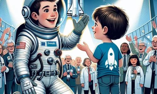 Un hombre astronauta, llamado Daniel, se encuentra en el centro de la imagen, vestido con un traje espacial blanco y plateado, con un casco brillante. Su rostro expresa gran alegría y asombro mientras mira a un niño de unos diez años, con cabello castaño despeinado y una camiseta azul con un cohete dibujado. El niño está de pie junto a Daniel, con las manos en las caderas, mostrando una sonrisa entusiasta y curiosa. La escena tiene lugar en la plataforma de aterrizaje de una agencia espacial, rodeada de científicos y periodistas. Al fondo, se ve un gran cielo azul, un cohete plateado listo para despegar y estrellas brillantes que comienzan a aparecer en el horizonte. Daniel comparte su experiencia espacial con el niño, contándole historias fascinantes sobre estrellas y planetas, mientras un grupo de personas los observa con admiración.