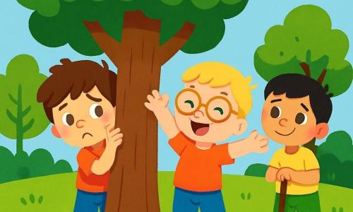 Ci sono 3 personaggi: Marco, un ragazzo di 6 anni con capelli castani disordinati e occhi vivaci, nascosto dietro un grande albero con un tronco spesso, il suo viso mostra una leggera preoccupazione; Luca, un ragazzo di 7 anni con capelli biondi e occhiali tondi, davanti all'albero, sorridente e con le braccia alzate, pronto a cercare Marco; Gianni, un ragazzo di 6 anni con capelli neri e un sorriso caloroso, leggermente in disparte, appoggiato a un bastone, guarda incoraggiante verso Marco. La scena si svolge in un parco soleggiato, con alberi verdi, fiori colorati e un prato ben curato, sotto un cielo blu chiaro con alcune nuvole bianche. Marco, un po' nervoso, è nascosto dietro l'albero, mentre Luca e Gianni si preparano a cercarlo, esprimendo gioia e amicizia, illustrando il tema di superare la paura grazie all'amicizia in un'atmosfera giocosa e calorosa.