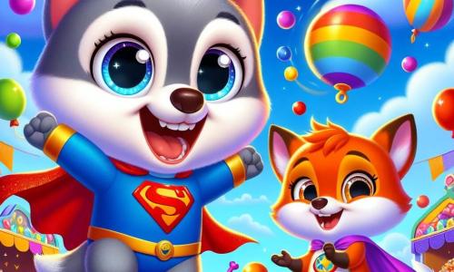 Un piccolo lupo dagli occhi grandi e brillanti, con una morbida pelliccia grigia, salta di gioia con un grande sorriso, indossando un costume colorato da supereroe con un mantello svolazzante. Accanto a lui, una volpe birichina, con un pelo arancione brillante e una coda folta, ride entusiasta mentre jongla con palline colorate, i suoi occhi brillano di malizia. Sullo sfondo, un villaggio festoso è decorato con ghirlande colorate, palloni fluttuanti e stand di dolci, sotto un cielo blu splendente, dove animali di ogni tipo ballano e si divertono. La scena rappresenta il momento gioioso del concorso di costumi del carnevale, dove il piccolo lupo e la sua migliore amica si preparano a incantare il pubblico con la loro performance piena di magia e risate.