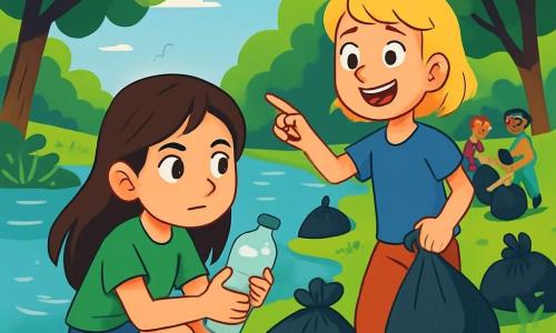 Ci sono 2 personaggi principali: - Sara: una ragazza di 10 anni, con lunghi capelli castani e occhi scintillanti. Indossa una maglietta verde e un pantaloncino di jeans. È accovacciata vicino al bordo del lago, tenendo una bottiglia di plastica in mano, con uno sguardo determinato. - Giulia: una ragazza di 10 anni, con capelli corti e biondi, e un sorriso radioso. Indossa una maglietta blu e pantaloni da trekking. È in piedi accanto a Sara, indicando un gruppo di amici che le aiuta a raccogliere rifiuti. La scena si svolge in un parco naturale vibrante di colori, con grandi alberi dalle foglie verdi lussureggianti, un lago scintillante al sole e fiori selvatici dai colori vivaci. Uccelli volano nel cielo blu e l'erba è di un verde brillante, punteggiata di piccoli ciottoli. La situazione principale mostra Sara e Giulia mentre puliscono il lago, circondate da sacchi della spazzatura pieni di rifiuti. Sorridono, piene di energia, mentre i loro amici si uniscono per aiutare a raccogliere i rifiuti, creando un'atmosfera di cameratismo e determinazione a proteggere la natura.