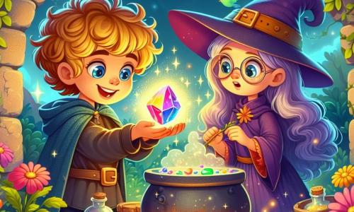 Leo, un giovane mago dai capelli ricci e dorati, con occhi brillanti di curiosità, tiene una pietra lucente tra le mani. Il suo viso esprime meraviglia ed eccitazione. Accanto a lui, Lilla, una strega dai lunghi capelli viola e occhiali rotondi, di circa 10 anni, mescola ingredienti in un piccolo pentolone fumante, osservando attentamente la pietra. La scena si svolge vicino a un vecchio pozzo di pietra, circondato da fiori colorati e liane magiche che brillano sotto la luce del sole. Uccelli dalle piume multicolori volano attorno a loro, aggiungendo un tocco di magia all'atmosfera. Leo e Lilla sono pronti a scoprire il segreto nascosto della pietra misteriosa, i loro volti illuminati dallo splendore dei colori che emanano dall'oggetto magico.