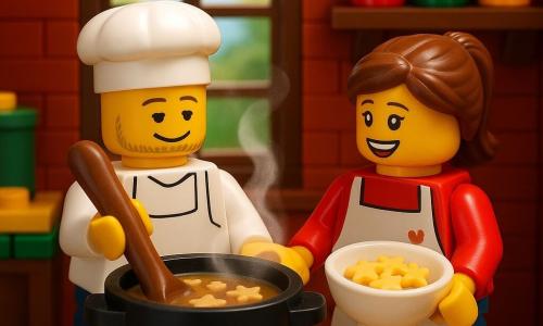 Un hombre chef, Mateo, con una sonrisa tranquila, lleva un delantal blanco y sostiene una gran cuchara de madera. Sus ojos están concentrados y amables mientras revuelve una gran olla de sopa humeante. A su lado, una joven, Ana, de unos 25 años, con un rostro alegre y el cabello recogido, sostiene un tazón de fideos estrellados y mira a Mateo con admiración. Ella lleva un delantal con una pequeña mancha de tomate. El escenario es una cocina acogedora con paredes de ladrillo rojo, una gran ventana que deja entrar la luz del día y estantes llenos de tarros de especias coloridas. La situación principal muestra a Mateo y Ana trabajando juntos en la cocina, creando una sopa reconfortante, con vapor suave elevándose de la olla y fideos estrellados flotando en la superficie.