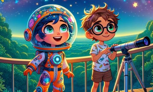 Eine junge Astronautin, Lena, steht auf einer Aussichtsplattform, ihre Augen leuchten vor Aufregung, mit einem futuristischen Helm auf dem Kopf und einem bunten Raumanzug, der mit Sternen und Planeten verziert ist. Sie zeigt auf den sternenklaren Himmel, wo funkelnde Sterne und wirbelnde Galaxien die Nacht erhellen. Neben ihr steht ihr bester Freund Max, ein 10-jähriger Junge mit zerzausten braunen Haaren und runden Brillen, der bewundernd schaut und ein kleines Plastikteleskop hält. Er trägt ein T-Shirt mit einem Raketenmotiv und wirkt von der Schönheit des Himmels begeistert. Der Ort ist eine Aussichtsplattform auf einem grünen Hügel, umgeben von Bäumen mit glänzenden Blättern, mit einem klaren Blick auf einen sternenreichen Nachthimmel. Der Mond leuchtet intensiv und verleiht der Szene einen magischen Touch. Die Hauptsituation zeigt, wie Lena und Max einen Traummoment teilen, in dem Lena Max ihren Wunsch erklärt, Astronautin zu werden, während sie gemeinsam die Wunder des Universums bewundern, was Freundschaft und Inspiration symbolisiert.