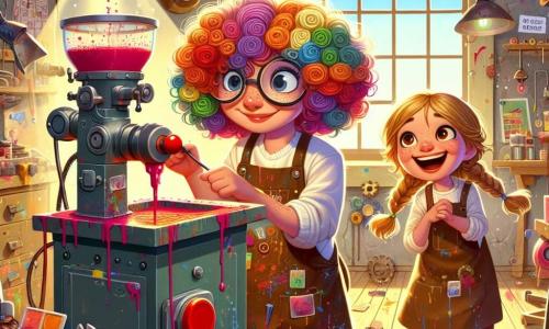 Lila, eine junge Frau mit lockigem, regenbogenfarbigem Haar, steht in ihrem chaotischen Atelier, ihre Augen leuchten vor Aufregung. Sie trägt eine große runde Brille und einen mit Farbflecken bedeckten Kittel, während sie einen riesigen roten Knopf hält, bereit, ihre Wunschmaschine zu aktivieren. Neben ihr beobachtet Mia, ihre beste Freundin, ein 10-jähriges Mädchen mit braunem Haar und Zöpfen, mit einem bewundernden Lächeln und verschränkten Armen, gespannt darauf, was passieren wird. Das Atelier ist voller Werkzeuge, Einzelteile und seltsamer Maschinen, mit leuchtenden Farbtupfern an den Wänden und Regalen, die überquellen von verrückten Erfindungen. Im Hintergrund lässt ein Fenster Sonnenlicht herein, das das kreative Durcheinander beleuchtet. Die Hauptsituation zeigt Lila, die den Knopf ihrer Maschine drückt, während ein Schokoladenstrom aus dem Gerät sprudelt und den Boden mit süßen Leckereien überflutet, was eine sowohl fröhliche als auch chaotische Szene schafft.