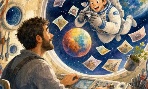 Un astronauta sorridente e stupito, capelli castani corti, volto rotondo, occhi grandi e luminosi, in tuta bianca con dettagli blu, fluttua mentre fotografa un pianeta colorato; un meccanico adulto di nome Carlo (circa 35 anni) è visibile attraverso una piccola finestra della navetta, con barba corta e salopette grigia, mani su un pannello di controllo, che osserva l’astronauta; interno caldo e luminoso di una casa spaziale con pareti curve, oblò che mostrano stelle e una Terra blu-verde, cavi e attrezzi appesi e piccole piante in vaso flottanti; scena principale: astronauta in levitazione con una vecchia macchina fotografica argentata, foto che fluttuano come petali, luce soffusa, colori pastello, atmosfera dolce e rassicurante.