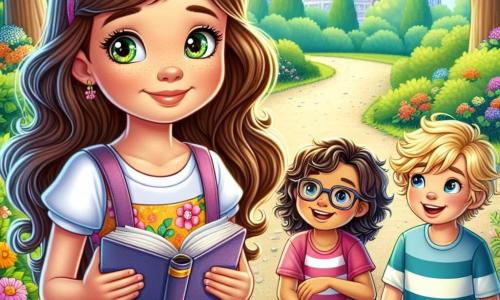 Ein 10-jähriges Mädchen, Mia, mit langen braunen Haaren und funkelnden Augen steht in der Mitte des Bildes, nervös und entschlossen. Sie trägt ein buntes Kleid mit Blumenmustern und hält ein aufgeschlagenes Buch in den Händen, als ob sie bereit wäre, eine Geschichte zu erzählen. Rechts von ihr sitzt Ben, ein 10-jähriger Junge mit zerzausten blonden Haaren und einem freundlichen Lächeln, der aufmerksam zuhört. Er trägt ein blaues T-Shirt und Shorts und sein Blick ist ermutigend. Links steht Lisa, ein 9-jähriges Mädchen mit lockigem Haar und Brille, die lächelt und ungeduldig darauf wartet, was Mia sagen wird. Sie trägt einen rosa Rock und ein gestreiftes T-Shirt. Die Szene spielt in einem sonnigen Park mit grünen Bäumen und bunten Blumen. Ein Kiesweg schlängelt sich durch den Park und Vögel singen in den Zweigen. Mia ist bereit, ihren Freunden zu gestehen, dass sie über ihre Abenteuer gelogen hat, und die Atmosphäre ist voller Aufregung und Erwartung, während sie sich darauf vorbereitet, ehrlich zu sein.