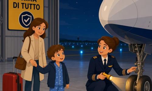 Una donna pilota sorridente e rassicurante, capelli castani raccolti in chignon, giacca da pilota blu scuro con stemma dorato, accovacciata vicino al carrello anteriore del suo aereo lucido, tiene una piccola torcia gialla; un bambino di 7 anni, capelli castano chiaro corti, in pigiama blu sotto una giacca, guarda la pilota con occhi meravigliati tenendo la mano della madre, leggermente a sinistra e dietro; la madre, circa 30 anni, capelli sciolti, cappotto crema, sorride e sta dietro al bambino vicino a una valigia rossa; hangar aeroportuale notturno con pavimento in cemento grigio liscio, porte aperte che mostrano una striscia di cielo scuro, luci di pista blu allineate, cartello grande SICUREZZA PRIMA DI TUTTO sul muro; la pilota prepara l'aereo per la partenza ispezionando la ruota, valigia rossa accanto, atmosfera calma con contrasti tra luce calda della torcia e fredda delle luci di pista.
