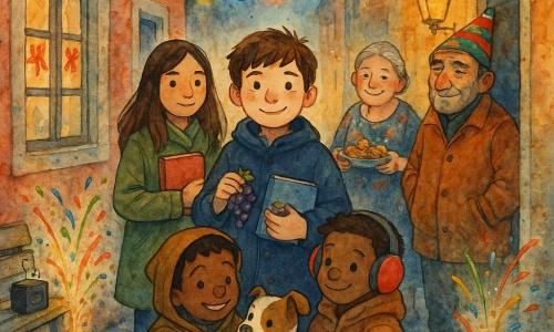 Menino de 12 anos, Miguel, rosto redondo com sardas, cabelo castanho despenteado, sorriso tímido, casaco azul-marinho, segura um pequeno caderno azul e come uvas; ao seu lado esquerdo, Sara, 12 anos, cabelo castanho longo, casaco verde-oliva, expressão serena, segura o caderno junto ao peito; ajoelhado perto deles, Tomás, cerca de 8 anos, segura um cão branco com manchas castanhas chamado Pingo, que usa improvisadas proteções nas orelhas; atrás, Dona Lurdes, cerca de 70 anos, cabelo grisalho preso, vestido floral, sorri suavemente e segura uma tigela de rabanadas; um pouco recuado, Senhor Heitor, cerca de 60 anos, rosto marcado e barba por fazer, usa um gorro festivo e sorri contido. Cena numa rua estreita de bairro com paralelepípedos molhados, guirlandas de luzes coloridas, janelas decoradas com fitas, confetes no chão e uma pequena caixa de som numa banca tocando música suave; todos comemoram a virada do ano numa atmosfera calorosa e calma, com gestos de amizade, risos contidos e luz dourada dos postes iluminando os rostos. Estilo: ilustração a tinta com lavis aquarelados vibrantes, traços finos, textura de papel visível e contrastes suaves em cores festivas (azul-marinho, verde-oliva, vermelho tijolo, dourado).