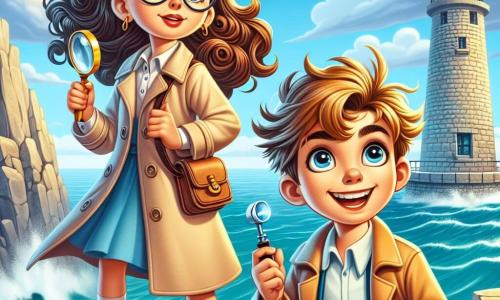 Uma jovem detetive, Marina, está em pé em um penhasco com vista para o mar, com cabelos castanhos cacheados e óculos redondos que lhe dão um ar inteligente e curioso. Ela usa um trench coat bege e segura uma lupa na mão direita, com uma expressão determinada e animada. Ao seu lado, um garoto de 12 anos, Lucas, seu amigo e assistente, tem cabelos loiros bagunçados e um sorriso travesso. Ele segura um caderno de anotações e observa o mar com olhos brilhantes de entusiasmo. O cenário é de um velho farol de pedra, desgastado pelo tempo, com ondas se quebrando nas rochas abaixo, criando um som relaxante. O céu é azul com algumas nuvens brancas, e gaivotas voam acima deles. Marina e Lucas olham para o horizonte, buscando pistas sobre o misterioso roubo do 'Relógio Desaparecido', enquanto as ondas cantam suavemente, como se tivessem segredos a revelar.
