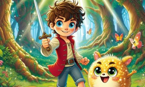 A 5-year-old boy named Oliver stands at the center of the scene, with sparkling blue eyes and messy curly hair. He wears a red tunic and denim shorts, brandishing a small wooden sword, showing a determined and brave expression. Next to him is a Fuzzle, a magical creature with fur that shines like stars, round mischievous eyes, joyfully jumping in support of Oliver. The scene takes place in the Ancient Trees Clearing, a magical forest with tall majestic trees and shimmering leaves, where soft rays of light filter through the branches, creating a play of shadows and light. Colorful flowers and butterflies dance around them, adding a touch of magic to the environment. In this main situation, Oliver and the Fuzzle face a menacing shadow approaching to steal the forest's magic. With his wooden sword raised, Oliver shows bravery while the Fuzzle encourages him with a confident look, ready to confront the darkness together.