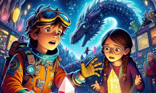 A 10-year-old boy, Leo, with messy hair and large protective glasses, shows a look of wonder and determination. He wears a colorful space suit filled with gadgets and stands in front of a huge shimmering crystal that pulses with magical light. Next to him is his best friend Mira, a 9-year-old girl with braided brown hair and round glasses, who observes the crystal with fascination, holding a glowing gadget in her hands. Their environment is a mysterious cave inside an asteroid, where the walls are lined with sparkling crystals in vibrant colors, illuminating the darkness with a magical glow. The main scene shows Leo and Mira, awestruck and brave, ready to face a massive stardust dragon guarding the crystal, creating a magical and thrilling atmosphere.