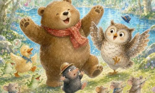 A round, smiling bear named Bumble wears a red scarf, has a marshmallow-soft nose and chubby paws, singing meow while waving; a once-serious but now jolly owl, Owliver, with a drooping little hat, big round eyes and detailed feathers flaps and laughs beside him; a surprised little mole with its hat on its nose dances in the foreground near the bear’s paws; ducks, frogs and mice form a playful, uneven parade—quacking ducks, hopping frogs and whistling mice; the setting is a grassy clearing with green moss, mossy stones and wildflowers, ringed by round-leaved trees and a large shiny blue pond in the background; the joyful, messy parade makes everyone emit funny meows, faces lit up, ground slightly trembling, and musical notes drawn as colorful bubbles in the air; style: soft watercolor, pastel palette (soft greens, light blues, touches of red), white gel-pen highlights, warm playful atmosphere.