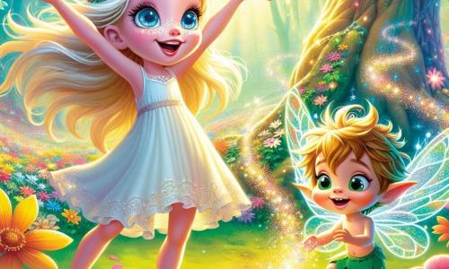 A 5-year-old girl named Lila, with sparkling blue eyes and golden hair blowing in the wind, stands in the center of an enchanted clearing. She wears a wide smile of wonder, her arms open as if welcoming the magic around her. Beside her, a small sprite named Flicker, with shimmering wings and messy hair, observes Lila with a curious look. He appears to be about 3 years old, with glowing skin and a mischievous face. Flicker dances around a colorful flower, waving his small hands filled with sparkling glitter. The scene takes place in a magical clearing, where a majestic tree stands in the middle, its shiny leaves sparkling like diamonds in the sun. Brightly colored flowers bloom around them, creating a living rainbow on the green ground. Lila and Flicker are about to celebrate a festival of colors, surrounded by flowers that are beginning to glow. Lila, full of excitement, holds a silver key that shines in her hand, ready to unleash the magic of colors in the valley.