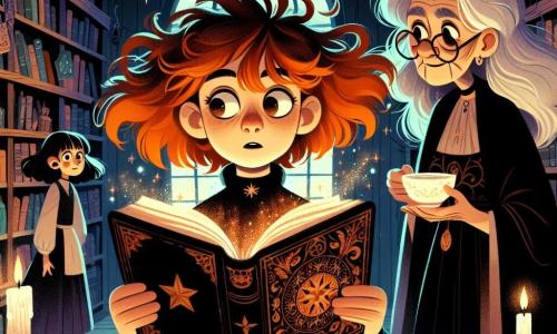 Eira, a twelve-year-old witch, stands in the center of an old bookstore, her messy auburn hair floating around her like flames. Her eyes shine with excitement as she discovers an ancient book with shimmering pages. She wears a black dress adorned with star patterns and holds the open grimoire in front of her, a magical glow emanating from its pages. Next to her, her grandmother, an elderly witch with silver hair and round glasses, watches with a kind smile. Dressed in a long, flowing robe, she holds a steaming cup of tea, looking at Eira with pride and curiosity. The bookstore, 'Moonbeam Tomes', is filled with colorful book covers, flickering candles, and old wooden furniture, creating a mysterious and warm atmosphere. Wooden shelves stretch to the ceiling, and cobwebs sparkle in the corners. The main scene shows Eira discovering the magical grimoire, her eyes wide with surprise as golden runes begin to glow on the pages, illuminating her face. The air is charged with palpable magical energy, and the adventure is just beginning.