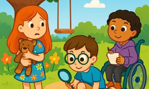 There are 3 characters: - Lily: a 7-year-old girl with long red hair, wearing a colorful floral dress and pink ballet flats. She is holding her teddy bear, Mr. Teddy, while smiling. - Ben: an 8-year-old boy with brown hair and round glasses. He is wearing a blue t-shirt and beige shorts. He is crouching, examining footprints in the dirt with a magnifying glass. - Mia: a 7-year-old girl with short curly hair, sitting in her wheelchair. She is wearing a purple hoodie and black leggings. She is attentively watching the others, holding a small notebook. The setting is a sunny garden filled with colorful flowers and a large majestic oak tree. There is a wooden swing and a pile of golden autumn leaves nearby. The sky is blue with a few fluffy white clouds. The main situation shows the three friends in the middle of an investigation, searching for clues to find Mr. Teddy. Ben is examining the footprints in the dirt, while Lily looks around with a worried expression, and Mia is taking notes with a smile, ready to solve the mystery together.