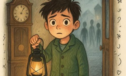 A 12-year-old boy, anxious but determined, stands in the hallway threshold holding a small dark metal lantern that lights his pale face; messy brown hair, large bright eyes, a green wool jacket over striped pajamas; no other people present, thin filament shadows glide beyond the glazed door like foggy silhouettes on the street; a varnished, slightly scratched stopped grandfather clock stands at the back left with its hands frozen; the front door is ajar with old speckled glass dew, and a thick fog winds between yellowed lampposts and pointed-roof houses; the lantern casts a warm, tilted flame toward the door, creating a strong contrast between the golden lamp glow and the blue-gray fog; mood unsettling but not gory, with aged wood, fogged glass, matte black metal textures and small doodles (notes, stars, light onomatopoeia) layered around the lantern and shadows for a youthful touch.