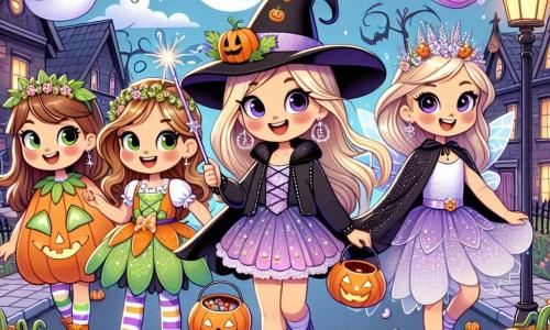 Four little girls are gathered on a street decorated for Halloween. Mia, an 8-year-old, is wearing an orange pumpkin costume with green leaves on her head, smiling while holding a candy bucket. Next to her, Lily, a 7-year-old, is dressed in a sparkling fairy dress with shiny wings, joyfully dancing. Emma, a 9-year-old, is disguised as a witch with a large black hat and a scary dress, making a magical gesture with her wand. Finally, Tara, an 8-year-old, wears a purple magical cape with silver stars, proudly standing in the center with her cape flowing in the wind. The setting is a lively street illuminated by pumpkin-shaped lanterns, with houses adorned with spider webs and paper ghosts. The moon shines in the starry sky, adding a mysterious atmosphere. The girls are heading together towards a house that looks haunted, filled with spooky decorations, ready for a magical and fun Halloween adventure.