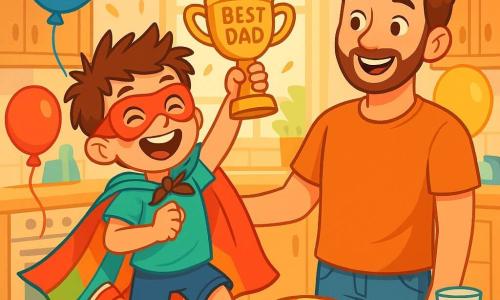An 8-year-old boy named Oliver, with messy brown hair and sparkling eyes, is wearing a cape made of colorful sheets and a paper mask. He is jumping with joy, a big smile on his face, holding a clay trophy that says "Best Dad" in his hands. Next to him is his father, Mr. Jenkins, a man in his thirties with brown hair and a light beard, proudly smiling, dressed in a casual t-shirt and jeans. They are in a bright and warm kitchen, decorated with colorful balloons and homemade garlands, with a table filled with pancakes and orange juice. The main scene shows Oliver and his father celebrating Father's Day, surrounded by laughter and happiness in a festive and loving atmosphere.