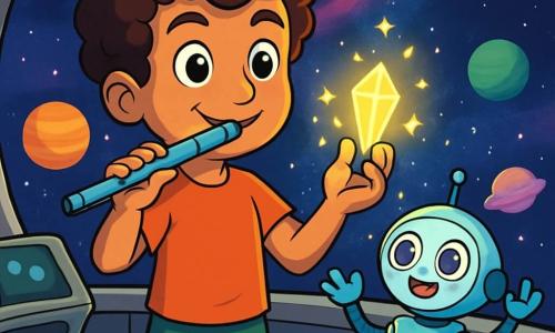 Tiago, um jovem de cabelos cacheados e olhos cheios de curiosidade, está em pé na ponte de sua nave espacial, a Andorinha. Seu rosto expressa uma determinação alegre, enquanto segura uma flauta-laser cintilante em uma mão e um cristal-lume brilhante na outra. Ao seu lado, Zinco, um pequeno robô de olhos redondos e brilhantes, dança com entusiasmo, agitando os braços no ar. A cena ocorre na imensidão do espaço, com estrelas cintilantes e nebulosas coloridas ao fundo. A nave é cercada por planetas de cores vivas, e um poema de luz se eleva do cristal-lume, iluminando o rosto de Tiago. Ele se prepara para tocar uma melodia em sua flauta-laser para despertar a luz de uma estrela apagada, enquanto faíscas de magia dançam ao redor, criando uma atmosfera de aventura e esperança.