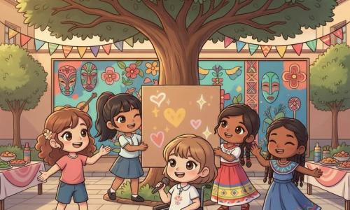Cuatro niñas de 11 años en un festival de la diversidad en el patio de una escuela soleado bajo un gran roble: Valeria, piel clara, cabello castaño rizado, a la izquierda saludando con un gran gesto; Sofía, mestiza española-mexicana, cabello negro liso en coleta, cerca del centro mostrando orgullosa un gran mural; Ana, de raíces africanas, piel morena, cabello trenzado y vestido tradicional colorido, a la derecha bailando con movimientos gráciles; Carla, piel clara, cabello corto, sentada en una elegante silla de ruedas en primer plano con micrófono cantando con emoción; escenario con suelo empedrado, bancos de madera, banderolas y mesas con platos coloridos, mural detrás con símbolos de varias culturas (máscaras, flores, instrumentos), luces cálidas del atardecer, expresiones felices y colores saturados.