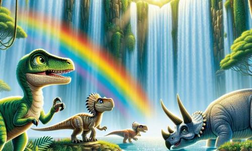 A velociraptor named Vinnie, with bright green feathers and sparkling curious eyes, stands on a rock by a majestic waterfall, wearing a big smile. Next to him, Tara, a triceratops with three horns and beige skin, gazes in wonder at the waterfall, while Benny, a long-necked brontosaurus with light blue skin, approaches the water, his big eyes filled with excitement. The setting is a lush jungle, surrounded by colorful flowers and giant ferns, with sunlight filtering through the foliage, creating golden glimmers on the waterfall's crystal-clear water. The main scene shows Vinnie and his friends discovering the beautiful rainbow formed in the waterfall's mist, symbolizing the adventure and magic that await them.