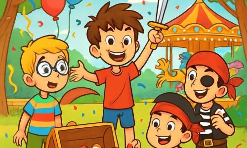 Há 4 personagens: - Lucas: um garoto de 11 anos, com cabelos castanhos bagunçados e um sorriso travesso, vestindo uma camiseta vermelha e um short azul. Ele está em pé no centro, com os braços abertos, cheio de entusiasmo. - Tomás: um garoto de 11 anos, com cabelos loiros e óculos redondos, vestido com uma camisa listrada colorida e um short. Ele está à esquerda de Lucas, olhando maravilhado para o carrossel. - Miguel: um garoto de 12 anos, com cabelos negros e um bandana vermelho, vestido como um pirata com uma blusa listrada preta e uma calça de couro. Ele está à direita de Lucas, brandindo uma espada de plástico com um grande sorriso. - Pedro: um garoto de 11 anos, com cabelos castanho e um tapa-olho, vestindo um traje de pirata semelhante ao de Miguel. Ele está atrás de Miguel, rindo e apontando para o carrossel. O local é um parque central vibrante, cheio de decorações de carnaval: árvores adornadas com serpentinas coloridas, luzes cintilantes e barracas de guloseimas. Ao fundo, um carrossel de madeira pintado, com cavalos coloridos e lanternas luminosas, gira alegremente ao som da música festiva. A cena principal mostra os quatro amigos em uma aventura, procurando um tesouro escondido, cercados de risadas e cores, com balões flutuantes e confetes no ar, enquanto descobrem um grande baú no centro do parque, cheio de doces e brinquedos.