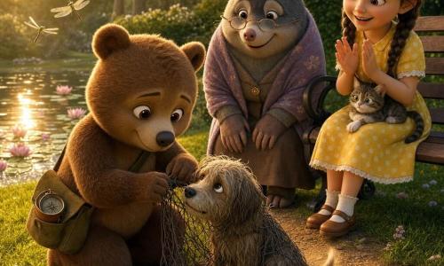 Een klein bruin teddy-achtig beertje met grote glanzende ogen knielt en lost voorzichtig een net om een nat, trillende hond met dunne vacht, terwijl mevrouw Mol, een ronde grijze oude dame, bemoedigend achter hem staat, een meisje met twee vlechten in een geel stippenjurkje naast een bankje zachtjes applaudisseert met een kat op schoot; ze staan in een zonovergoten park bij een vijver met waterlelies en libellen, op groen gras en een kiezelpad, in warme gouden lichtinval en een vriendelijke, ronde 3D-stijl.