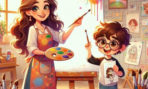 O artistă, Maria, de aproximativ 30 de ani, cu părul lung, ondulat și ochi strălucitori de creativitate, stă în fața unei mari pânze albe. Poartă un șorț colorat, pătat cu vopsea, și zâmbește entuziast, ținând o paletă de culori vii într-o mână și un penson în cealaltă. Lângă ea, un băiat de 10 ani, Andrei, cu părul castaniu și ochelari rotunzi, privește cu admirație pânza, ținând un schiț al propriei lucrări. Atelierul lor este luminos, plin de borcane cu vopsea strălucitoare, pensule de toate dimensiunile și desene agățate pe pereți. Lumina soarelui filtrează printr-o fereastră mare, iluminând spațiul creativ. În această scenă, Maria îi explică lui Andrei cum să adauge culori la desenul său, în timp ce el pare atât de curios, cât și încântat, pregătit să învețe și să creeze.