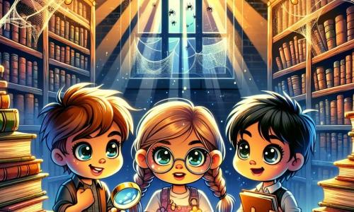 Un niño de 6 años, Lucas, con el cabello castaño desordenado y ojos llenos de curiosidad, sostiene una lupa en su mano derecha, su rostro radiante de emoción. Está agachado frente a un viejo libro abierto, rodeado de polvo, en una biblioteca misteriosa. A su lado, su mejor amiga Sofía, una niña de 6 años con trenzas rubias y gafas redondas, mira el libro con una sonrisa maravillada, sosteniendo un cuaderno en su mano izquierda. Mateo, un niño de 6 años con cabello negro y gafas de sol en la frente, se inclina para examinar un viejo papel que ha caído al suelo, luciendo concentrado y curioso. La biblioteca está llena de estanterías de madera oscura, cargadas de libros coloridos, con rayos de luz filtrándose a través de grandes ventanas polvorientas. Telarañas se dibujan en las esquinas, añadiendo un toque de misterio a la atmósfera. Lucas, Sofía y Mateo descubren el secreto de un tesoro escondido, con sus rostros iluminados por la emoción de la aventura, mientras examinan el misterioso viejo libro y el mapa que podría llevarlos a su búsqueda.