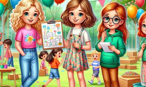 In einem bunten Park stehen vier zwölfjährige Mädchen zusammen. **Mia**, ein Mädchen mit lockigem blonden Haar, trägt ein pinkes T-Shirt und eine Jeansshorts, sie lächelt und hält ein Plakat für ihr Projekt. Neben ihr steht **Lena**, mit glattem braunem Haar, in einem Blumenkleid und schaut auf die spielenden Kinder, ihr Gesicht strahlt vor Begeisterung. **Sara**, mit braunem Haar und Brille, trägt ein grünes T-Shirt und eine Hose, sie macht sich Notizen in einem kleinen Notizbuch und ist konzentriert auf die Organisation der Veranstaltung. Schließlich tanzt **Anna**, mit lockigem rotem Haar, in einem blauen Hoodie und Leggings fröhlich und zieht die Aufmerksamkeit der Kinder um sie herum auf sich. Der Park ist voller lebendiger Farben, mit schwebenden Ballons, Holzspielen und Tischen, die mit Essen gedeckt sind. Kinder unterschiedlichen Alters spielen zusammen, während Familien fröhlich plaudern. Im Hintergrund sieht man üppige Bäume und leuchtende Blumen, die eine festliche und einladende Atmosphäre schaffen. Die Hauptsituation zeigt die vier Freundinnen, die ein großes Festival organisieren, um bedürftigen Familien zu helfen, und dabei Lächeln und Freude sammeln sowie die Kinder für die Bedeutung von Hilfe und Solidarität sensibilisieren.
