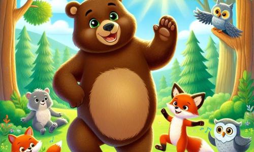 L'orso Bruno, un grande orso bruno dagli occhi scintillanti e dal pelo morbido, si trova al centro di un radura soleggiata, con un sorriso radioso sul volto, circondato dai suoi amici per festeggiare il suo compleanno. Alla sua destra, la volpe Fiamma, una piccola volpe rossa con una coda folta e occhi maliziosi, salta di gioia agitando le zampe anteriori, piena di entusiasmo e felicità. A sinistra, il saggio gufo, con le sue piume grigie e occhiali rotondi, osserva la scena con un sorriso benevolo, seduto su un ramo, pronto a cantare una canzone di compleanno. Il decor è una radura verdeggiante, circondata da alberi maestosi con foglie brillanti, con fiori colorati sparsi sul terreno e un cielo blu chiaro punteggiato di nuvole soffici. La scena mostra Bruno, circondato dai suoi amici animali, mentre ballano e cantano gioiosamente, celebrando insieme un momento di felicità e amicizia sotto il grande albero al centro della radura.