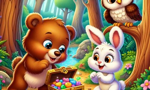 Un piccolo orso bruno di nome Bruno, con un pelo morbido e occhi brillanti di curiosità, sta scavando con le sue zampe nel terreno, mostrando un'espressione di gioia ed eccitazione. Accanto a lui, una lepre di nome Lella, con un pelo bianco e grandi orecchie, salta di felicità, i suoi occhi brillano di entusiasmo mentre guarda la scatola che hanno appena disotterrato. Un saggio gufo di nome Gigi, con piume marroni e occhiali tondi, si trova su un ramo, osservando la scena con un sorriso soddisfatto. La scena si svolge in una foresta incantata, con grandi alberi dai tronchi spessi e foglie verdi brillanti che formano un tetto naturale. I tre amici hanno appena scoperto una misteriosa scatola sepolta, piena di deliziose caramelle colorate, e sono tutti entusiasti della loro scoperta, pronti a festeggiare la loro avventura insieme.