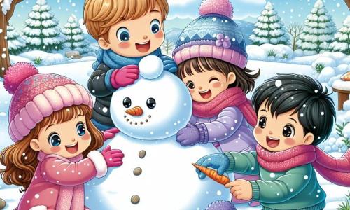 In un giardino innevato, quattro bambini si divertono a costruire un grande pupazzo di neve. Sofia (femmina, 6 anni) ha lunghi capelli castani, indossa un cappotto rosa e un berretto abbinato. Marco (maschio, 6 anni) ha capelli biondi disordinati e indossa una sciarpa blu. Giulia (femmina, 6 anni) ha capelli castani e indossa un cappotto viola. Luca (maschio, 6 anni) ha capelli neri e indossa un cappotto verde. Il giardino è coperto da uno spesso manto di neve scintillante, con alberi spogli e un cielo blu brillante. I bambini ridono e si incoraggiano a vicenda, creando insieme il loro capolavoro invernale, un pupazzo di neve gioioso.