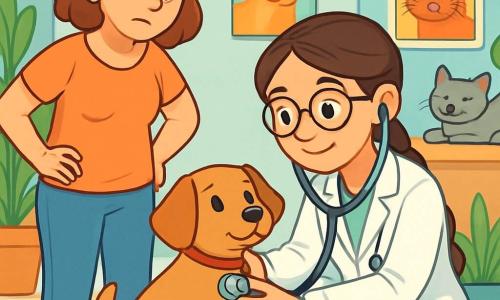 Una veterinaria, una donna di circa trent'anni con i capelli castani intrecciati, sorridente e dolce, è accovacciata vicino a un piccolo cane caramello di nome Biscotto. Indossa un camice bianco, occhiali rotondi e uno stetoscopio attorno al collo, guardando il cane con occhi pieni di tenerezza e compassione. Accanto a lei, la mamma di Biscotto, una donna di circa quarant'anni, preoccupata ma sollevata, osserva la scena con un leggero sorriso, le mani sui fianchi. La clinica veterinaria è luminosa e accogliente, con pareti dipinte di blu pastello, manifesti colorati di animali e giocattoli sparsi sul pavimento. Piante verdi aggiungono un tocco di natura all'interno. La situazione principale mostra la veterinaria che esamina Biscotto, che sembra un po' nervoso ma confortato dalla dolcezza della veterinaria. Giocattoli per animali sono visibili intorno a loro, mentre una gattina, Mirtilla, la gatta della clinica, si rilassa sul bancone, osservando la scena con curiosità.