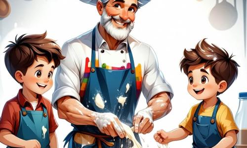 Lo chef Luigi, un uomo gioviale di una cinquantina d'anni, indossa un grande cappello bianco e un grembiule colorato, con macchie di farina sul davanti. Il suo viso è illuminato da un ampio sorriso e i suoi occhi brillano di gioia mentre mostra ai bambini come impastare la pizza. Marco, un ragazzo di 8 anni, è accanto a lui, con i capelli castani in disordine e uno sguardo meravigliato. Cerca di modellare la sua pasta a forma di stella, con le mani piene di farina, mentre ride con i suoi amici. La scena si svolge nella cucina soleggiata dello chef Luigi, piena di pentole di rame lucido, erbe fresche appese al soffitto e un grande forno a legna scoppiettante, che emana un calore confortante e aromi invitanti. In questa situazione principale, lo chef Luigi insegna ai bambini come preparare la pizza perfetta, circondato da risate e creatività, mentre ognuno si diverte a creare forme uniche con la propria pasta, scoprendo insieme le gioie della cucina.
