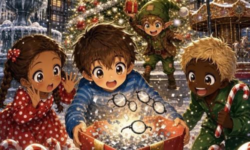 Quattro personaggi: tre bambini di circa 7 anni — Leo, ragazzo dai capelli castani corti con maglione blu a righe che tiene una scatola rossa al centro, leggermente accovacciato; Mia, ragazza con treccia castana e vestito rosso a pois, a sinistra di Leo con le mani alzate e occhi sgranati; Sam, ragazzo con capelli biondi spettinati in pigiama verde, a destra di Leo con una canna di zucchero filato a strisce e sorriso — e un elfo birichino di circa 30 cm, con orecchie appuntite, berretto verde, giacca rattoppata, che sta dietro la scatola su un gradino offrendo un mini-regalo. Ambientazione: piazza di paese innevata di notte con un grande albero di Natale decorato, fontana ghiacciata, giostra ferma e lampioni; un sentiero di caramelle a bastoncino rosso e bianco conduce alla scatola. Situazione: i bambini hanno appena aperto una scatola rossa con fiocco dorato; confetti argentati e tre occhiali da detective volano in aria mentre l'elfo li guarda sorridendo come se li avesse sfidati; atmosfera calda e vivace, stile manga con occhi grandi, scintille attorno agli oggetti e neve leggera.