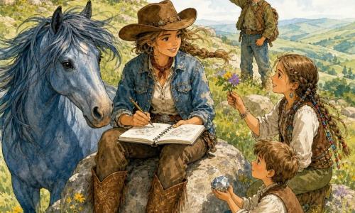 Eine lächelnde, entschlossene Cowgirl-Frau mit braunem Hut und abgenutzter Jeansjacke, ihre geflochtene Haarsträhne vom Wind bewegt, sitzt auf einem großen Felsen und zeichnet konzentriert in ein offenes Skizzenbuch; links steht das muskulöse, ruhige blau-graue Pferd Saphir mit wehender Mähne, rechts zeigt die etwa 12-jährige Nita mit brauner Haut und perlenverzierten Zöpfen der Frau eine bunte Blume mit sanftem Lächeln, am Fuß der Frau sitzt der etwa 7-jährige schüchterne Mato und hält stolz einen glänzenden Stein, etwas zurück auf dem Hügel steht der etwa 10-jährige Wicasa mit ernst-neugierigem Blick und zeigt auf eine Felsöffnung; Schauplatz ist ein grasbewachsener Hügel mit gelben und violetten Blumen, runden Felsen und Blick auf grüne Hügel unter einem blassblauen Morgenhimmel, die Stimmung ist ruhig, warm und freundschaftlich.