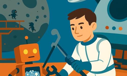 Een man, Milo, met zacht geconcentreerd gezicht en kort bruin haar in een licht wit-blauw ruimtepak, gebruikt een lange tang om voorzichtig een kleine robotmijn naar het platform te halen; een vierkante werkrobot‑jongen met knipperende lampogen wiebelt naast hem met een bak vol glanzende metalen stukken, magnetische voeten net los van de grond. Op de achtergrond een grote donkergrijze asteroïde met kraters en een roestige metalen steiger met oranje en groene lichtjes; andere kleine magnetische robots werken. Milo’s schip staat dichtbij met een deels uitgeklapt zilverkleurig zonnevangzeil en zichtbare ronde cockpitruit en knoppen; het zeil fungeert als een zachte hand om het glijdende robotje veilig te maken — scène van dichtbij, platte contrasterende kleuren, eenvoudige vormen, geruststellende heldhaftige sfeer.