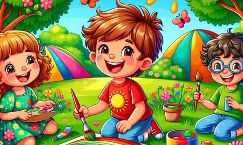 A 6-year-old boy, Oliver, with messy brown hair and a big joyful smile, is sitting on the green grass surrounded by colorful flowers. He is wearing a red t-shirt with a yellow sun and blue shorts. Next to him, a 6-year-old girl, Mia, with curly hair and a flower dress, is painting a rainbow on a large sheet of paper. A 6-year-old boy, Ben, with round glasses and a green t-shirt, is mixing colors in a paint pot while laughing. The scene is set in a vibrant summer camp with large leafy trees, colorful tents, and a bright blue sky. Birds are singing in the branches and butterflies are flying around them. The main focus shows Oliver and his friends creating art together, laughing and having fun, filled with excitement and creativity, while the sun shines above them.